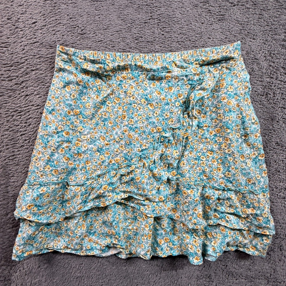 Kirious Los Angeles Tiered Mini Skirt Womens M Blue Floral Excellent Boho Ruffle